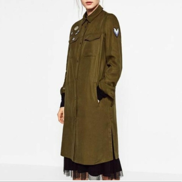 Zara Dresses & Skirts - Zara army green button down dress/jacket with patches, XXL